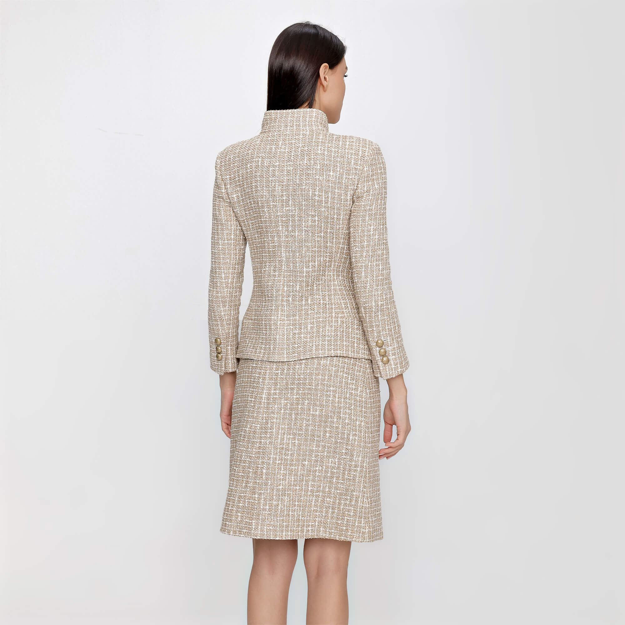 Chanel - Beige and Ecru Cotton Blend Tweed Jacket and Skirt Suit